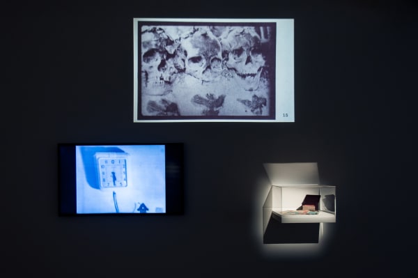 Installation view of Go Stand Next to the Mountain, Derrick Adams, Elijah Burgher, Howardena Pindell, Hunter Reynolds, Jacolby Satterwhite, Carolee Schneemann, David Wojnarowicz, at Hales Gallery London, 2015