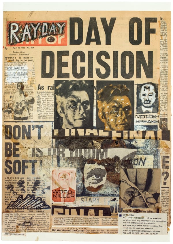 Jeff Keen, 'Rayday Day of Decision', 1972, Newspaper collage, ink, and watercolour, 42 x 29.5 cm, 16 1/2 x 11 5/8 in, Framed: 48.5 x 36.5 cm, 19 1/8 x 14 3/8 in