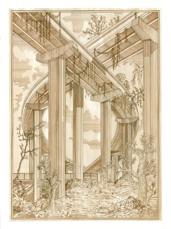 Adam Dant, Texas Drawing #2, Poliphio tells that he seemed to sleep again..., 2016, Ink on paper, 76.2 x 55.9 cm, 30 x 22 in