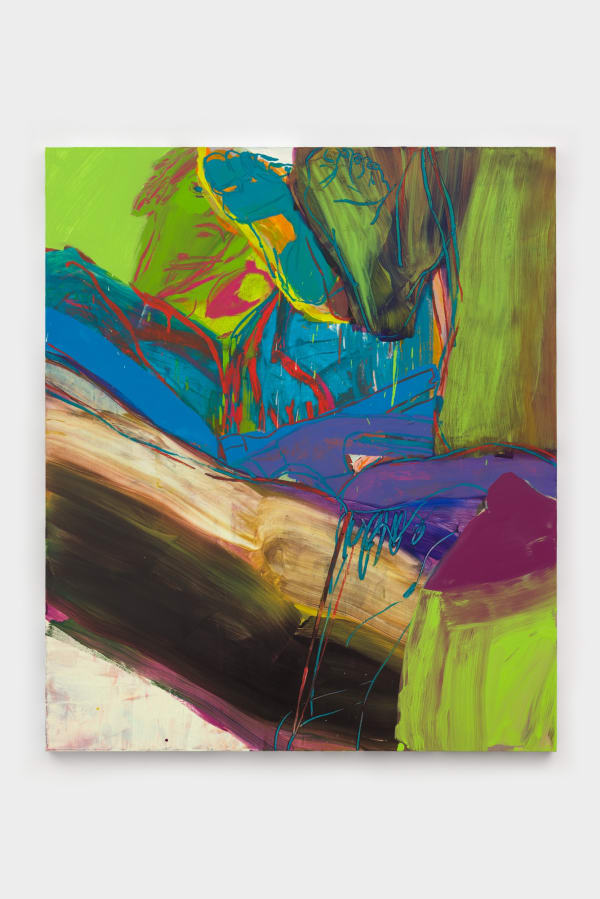 A mid-size painting with a wild palette – greens, pinks, blues, reds, purples and a brown so deep it's almost black. In the foreground, bottom right, hovers a brushy green breast, hinting at a body from a first person perspective, a woman looking down. Wi