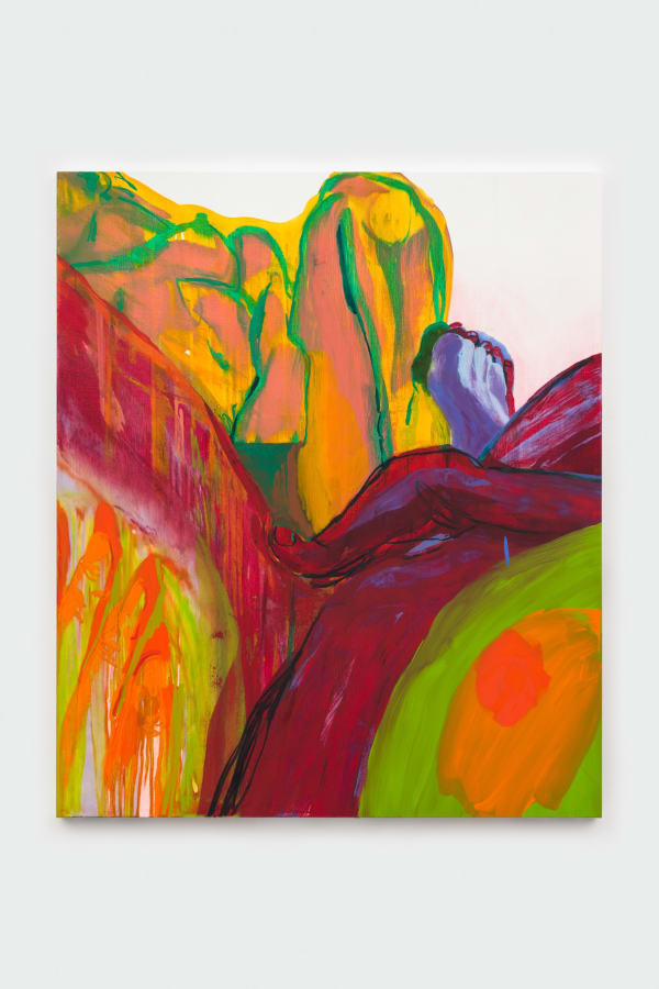 Warm, bright and intensely glowing, this medium-scale work is grounded by a deep crimson swoop like the letter “V”, which drops down to the bottom of the canvas. This swoosh sits upon bright greens and oranges, acidic and tangy. Above, against a sharp whi