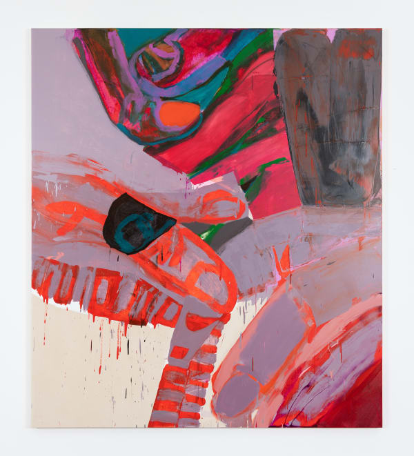 Large painting depicting various purple and pink fingers, clasped together and pointing towards the lower edge of the canvas.