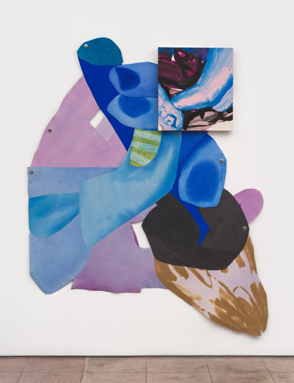 Cut canvas depicting a hand holding a brush, overlaid with a small stretched canvas with abstracted forms in light blue, pink and magenta.