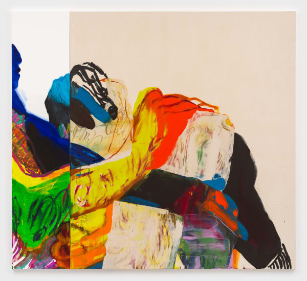 Large painting in two parts densely painted across the lower left section with vibrant shades of green, yellow and orange, with areas deeply shaded in black. The top right section is left raw.