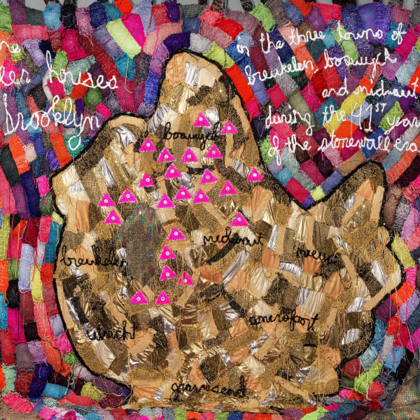 detail of LJ Roberts, The Queer Houses of Brooklyn in the Three Towns of Breukelen, Boswyck, and Midwout during the 41st Year of the Stonewall Era (based on a 2010 drawing by Daniel Rosza Lang/Levitsky with 24 illustrations by Buzz Slutzky on printed pin-