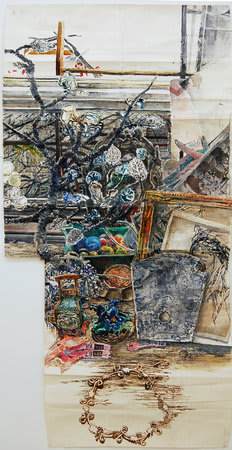 DAWN CLEMENTS, Color Desk (Chinese Tree and Necklace), 2010, Sennelier ink on paper, 157.5 x 78.7 cm, 62.06 x 31.01 in
