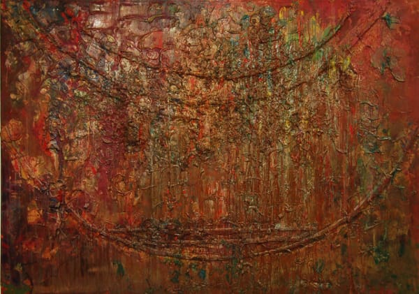 Frank Bowling, Sacha Jason Quails Nest, 1987, Acrylic paint, acrylic gel, foam, and mixed media on canvas, 202.5 x 290.5 cm, 79 3/4 x 114 3/8 in