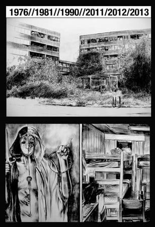 Laura Oldfield Ford, Transmissions from a Discarded Future #3, 2011, Inks on Tyvek, 239.5 x 169 cm, 94 1/4 x 66 1/2 in