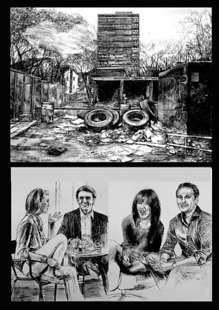 Laura Oldfield Ford, Transmissions from a Discarded Future #8, 2011, Inks on Tyvek, 239.5 x 169 cm, 94 1/4 x 66 1/2 in