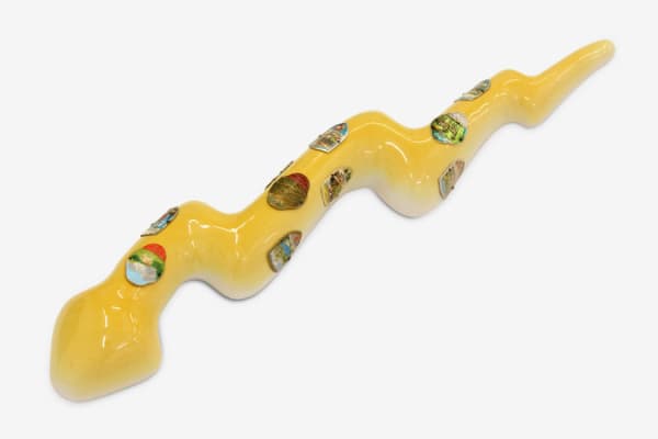 Richard Slee, Stocknagel Snake, 2013, Glazed ceramic with Stocknagel badges, 5.8 x 13 x 59 cm, 2 1/4 x 5 1/8 x 23 1/4 in