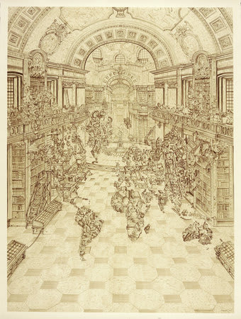Adam Dant, POLITICAL MAP OF THE WORLD, VIENNA STATE LIBRARY, 2007, Ink on paper, 220 x 170 cm, 86.68 x 66.98 in
