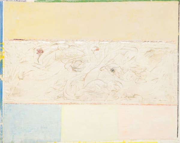 Frank Bowling, Ashton's Swirl I, 2016, Acrylic and plastic additions on collaged and printed canvas, 147.3 x 185.4 cm, 58 x 73 in