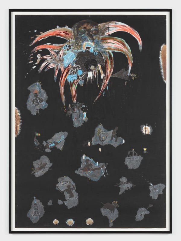 Omar Ba, What you See (1), 2010, Oil, gouache, ink and pencil on corrugated carton, 210 x 150 cm, 82 5/8 x 59 1/8 in, Framed: 221 x 161.5 cm, 87 1/8 x 63 5/8 in