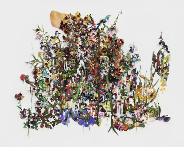 Ebony G. Patterson, …a nest above, checkered shoes, beyond a green felt hat, candles no longer lit in garden in bloom, 2019 Digital print on archival watercolor paper with hand-cut and torn elements, fabric, poster board, acrylic gel medium, feathered but