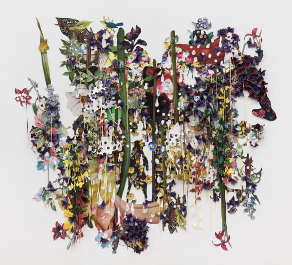 Ebony G. Patterson, …a possum rises…a black bear falls...a pattoo takes watch…as children whisper through the leaves, 2019, Digital print on archival watercolor paper with hand-cut and torn elements, fabric, poster board, acrylic gel medium, feathered but