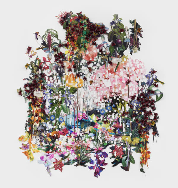 Ebony G. Patterson, …below the crows, a blue purse sits between the blades, shoes among the petals, a cockerel comes to witness…, 2019, Digital print on archival watercolor paper with hand-cut and torn elements, fabric, poster board, acrylic gel medium, f