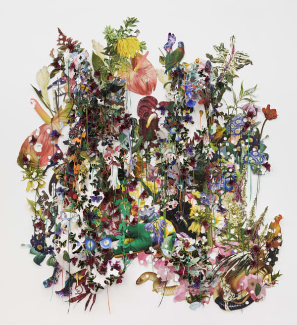 Ebony G. Patterson, …sunsets and monarchs come to feast, snakes come to discover as she remains lost in plain sight…, 2019, Digital print on archival watercolor paper with hand-cut and torn elements, fabric, poster board, acrylic gel medium, feathered but