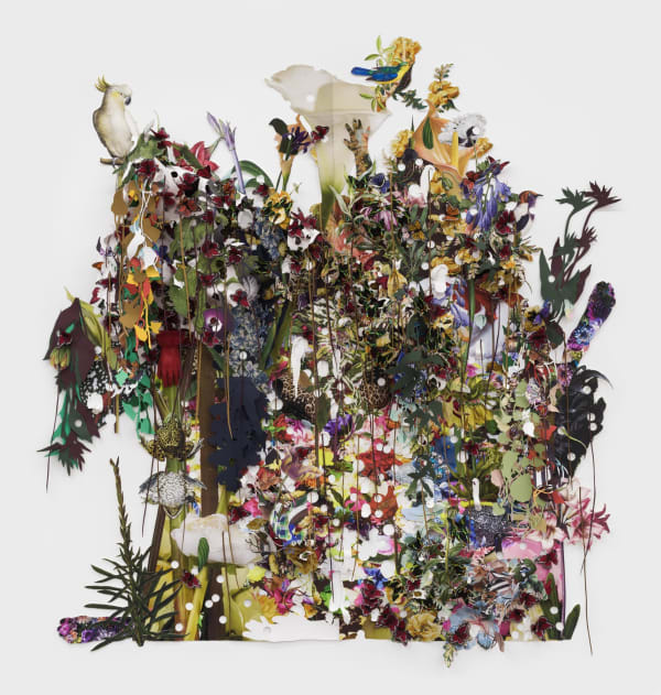 Ebony G. Patterson, …sunsets swarm, as frogs leap through the reeds as cockerel enters the bush to see a pair of leopards…, 2019, Digital print on archival watercolor paper with hand-cut and torn elements, fabric, poster board, acrylic gel medium, feather