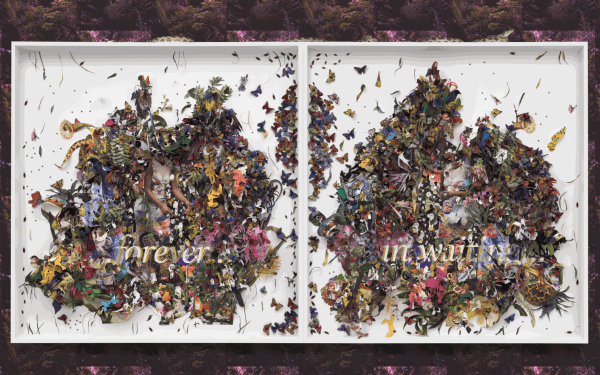 Ebony G. Patterson, ...pink...red...striped...carnations..., 2021-2022, Digital print on archival watercolour paper with hand-cut and torn elements, construction paper, plastic, feathers, resin, and acrylic mounted on wallpaper in two (2) parts