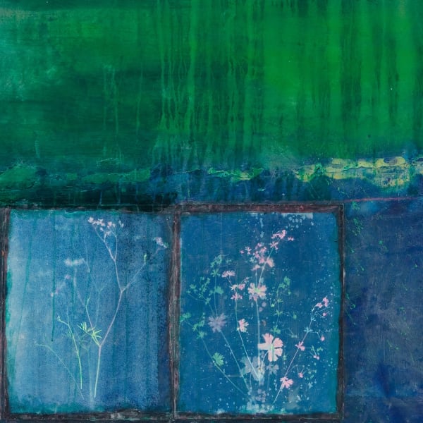 Detail of Frank Bowling, Green Valley with Kasia's sprigs, 2018, Acrylic on collaged canvas, 100.3 x 252.8 cm, 39 1/2 x 99 1/2 in