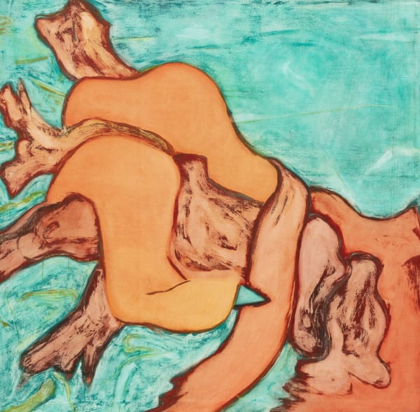 Painting vivid with texture depicting entangled bodily figures. Veiny and curved forms create new structures across the canvas.