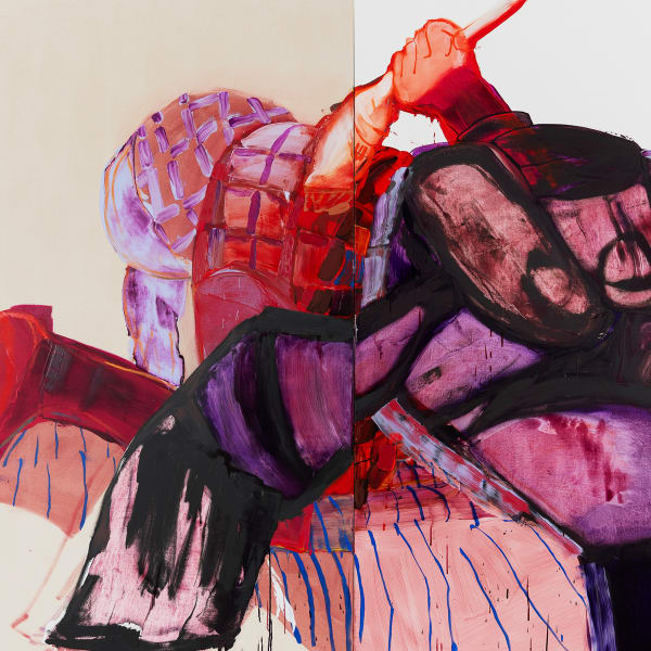 Large painting in two (2) parts featuring bright pinks, magentas, reds and purples, with ambiguous shapes outlined with deep grey and black. The top left section is left raw.