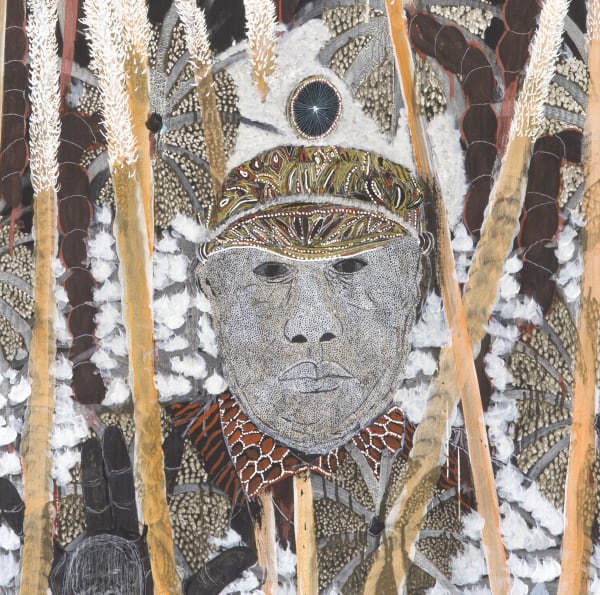 Detail of Omar Ba, Naufrage, 2014, Oil, acrylic, Chinese ink, and pencil on corrugated cardboard, 200 x 150 cm, 78 3/4 x 59 1/8 in