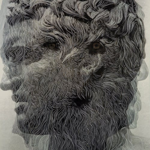 Detail of Sebastiaan Bremer, Glaucon Two, 2014, Unique hand-painted and carved digital chromogenic print with mixed media, 126.9 x 92.8 cm, 50 x 36 1/2 in, Framed: 144.8 x 113 x 5.7 cm, 57 x 44 1/2 x 2 1/4 in