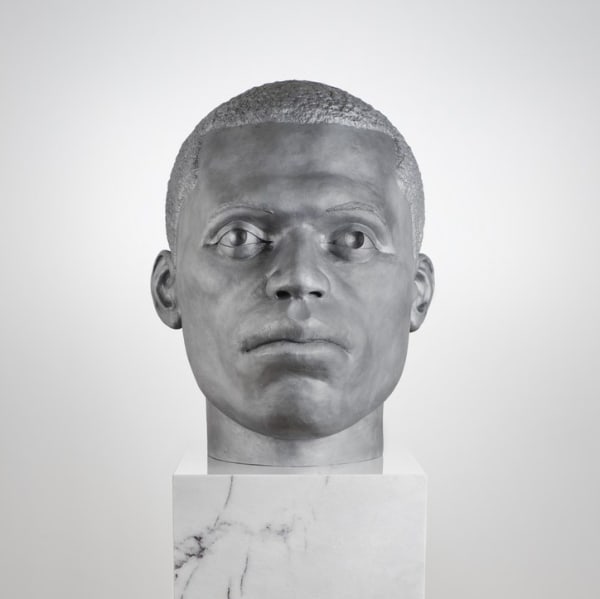 Detail of Thomas J Price, Numen (Shifting Votive One), 2016, Aluminium and marble, Overall: 187 x 58 x 70 cm, 73 5/8 x 22 7/8 x 27 1/2 in, Head: 77 x 58 x 70 cm, 30 1/4 x 22 7/8 x 27 1/2 in, Plinth: 110 x 50 x 50 cm, 43 1/4 x 19 3/4 x 19 3/4 in, Edition o