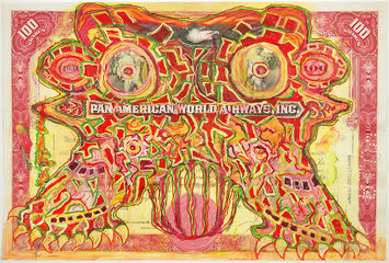 Hew Locke, Pan Am, 2009, Acrylic and felt pen on antique paper share certificate, 20.6 x 30.7 cm, 8 1/8 x 12 1/8 in
