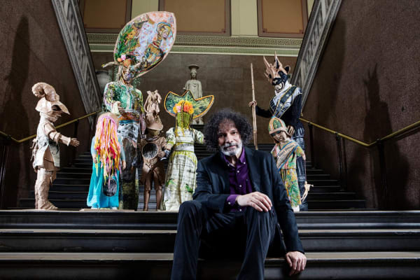 Hew Locke in front of The Watchers, 2024. Photo by Richard Cannon.