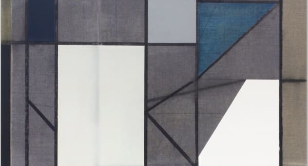 Detail of Andrew Bick OGVDS [tilted] A, 2012, acrylic, charcoal, oil paint, watercolour and wax on sewn canvas on wood, 76 x 64 cm, 29 7/8 x 25 1/4 in