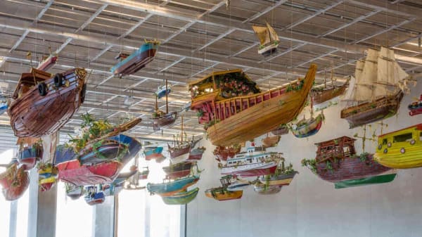 Installation view of Hew Locke, For Those in Peril on the Sea at Peréz Museum Miami