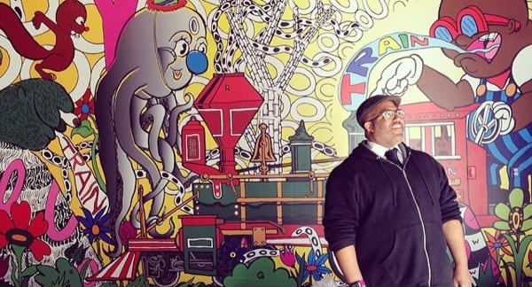 Image of Trenton Doyle Hancock in front of Multimedia Installation at Hermann Park, Houston Texas