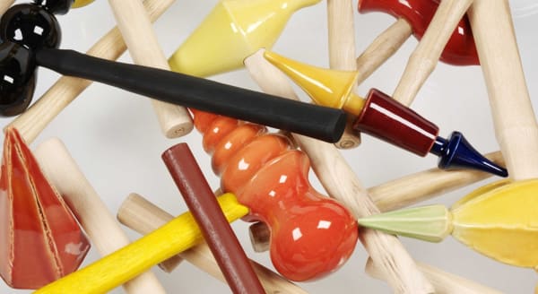 Detail of Richard Slee, Hammers, 2010-2018, Glazed ceramic with wood hammer handles, wood stain, rubber, metal, and found additions in three hundred and twenty-five (325) parts, Overall dimensions vary with installation