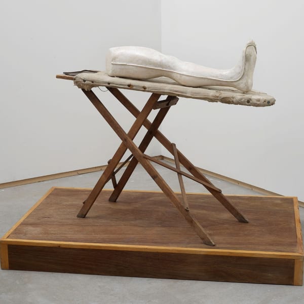 Stuart Brisley, Louise Bourgeois' Leg, 2002, Performance Object, plaster, ironing board, wood. Image courtesy of the Artist and Hales London New York. Courtesy of the Artist. Photograph by Andy Keate.