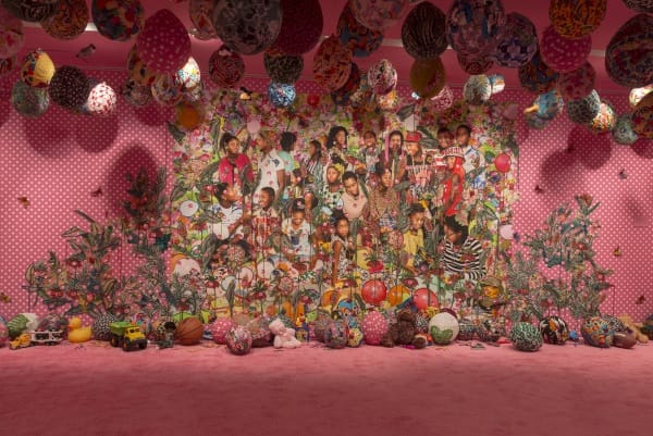 Ebony G. Patterson. . . . they were just hanging out . . . you know . . . talking about . . . ( . . . when they grow up . . .), 2016. The Dean Collection, courtesy of Swizz Beatz and Alicia Keys. © Ebony G. Patterson. Courtesy of the artist, Monique Meloche Gallery, and the Studio Museum in Harlem. (Photo: Adam Reich)
