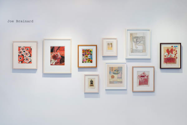 An installation view featuring 10 of Joe Brainard's collages, all framed on the same white wall.