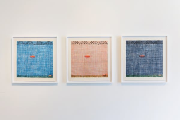 Three Jennifer Bartlett works on paper featuring a small red boat floating in a mass of dark blue in one work, light blue in another, and pink in the last.