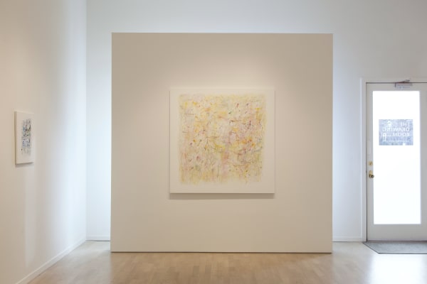 Two abstract Robert Harms paintings, one smaller work on the left wall and one larger work on the freestanding wall., Robert Harms Garden Visits, 2012 signature verso oil on canvas 54 x 54 inches (RH6230)