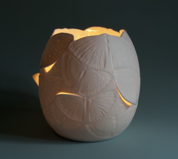 Ted Muehling Moth Lantern Nymphemburg white bisqque porcelain 4 1/2 x 4 1/2 x 4 3/4 inches