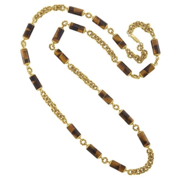 Staal 18K Italian Gold Chain Necklace Interspersed with Tiger's Eye Bead, c. 1970