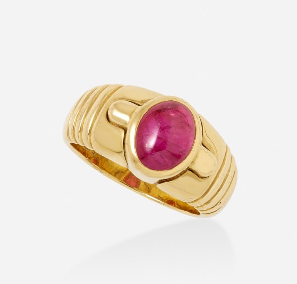 Bulgari 18K Gold "Parentesi" Ring Set with a Cabochon Ruby, c. 1982-1987