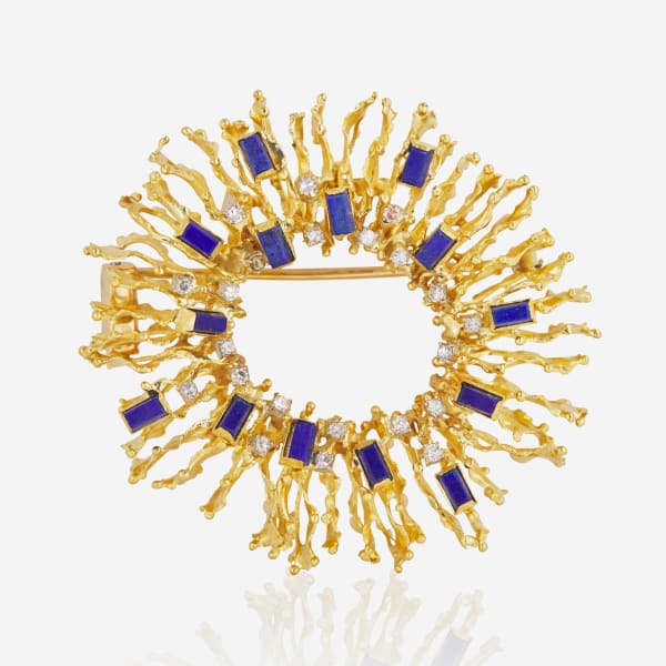 Italian 18K Gold, Lapis and Diamond Brutalist Pendant on a Torque Necklace, c. 1975 - 1980