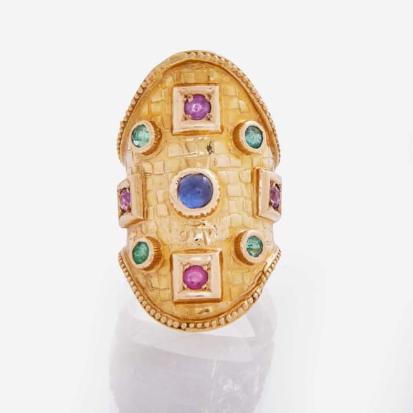 Ilias Lalaounis 18K Yellow Gold Ring with Sapphire, Four Emeralds and Two Rubies, c. 1970