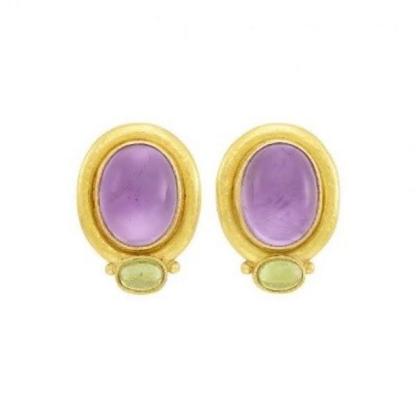 Elizabeth Locke 18K Gold, Cabochon Amethyst and Peridot Earclips