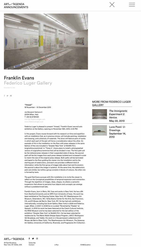 Franklin Evans. Times2. ART AGENDA