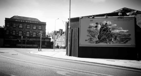 During the Covid - 19 First Lockdown in Dublin City, Ireland. A virtual image on an advertising billboard, in an empty city street. Images from Eamonn Farrell's The Naked City Virtual Exhibition for Dublin Culture Night 2020.