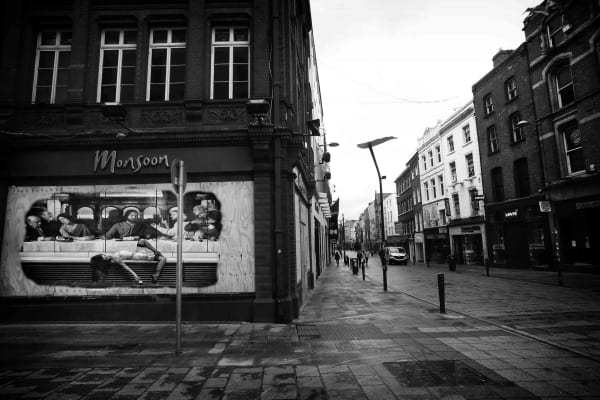 During the Covid - 19 First Lockdown in Dublin City, Ireland. A virtual image on an advertising billboard, in an empty city street. Images from Eamonn Farrell's The Naked City Virtual Exhibition for Dublin Culture Night 2020.