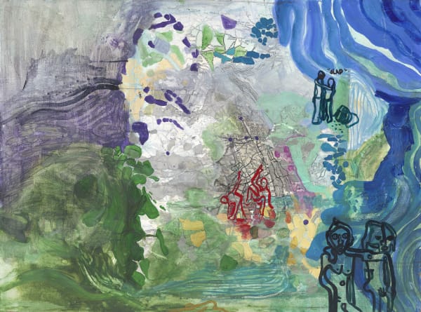 Ariane Hafizi, Composition in Blue, Mixed Media on Wood, 36" x 48". Courtesy ofIDB Staff Association Art Gallery.